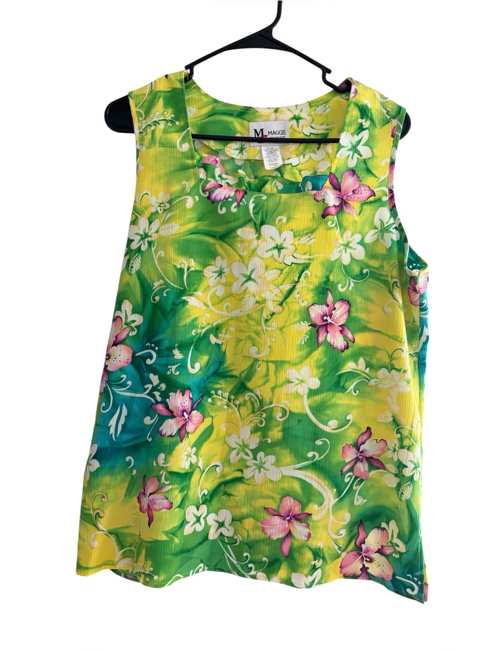 Maggie Sweet Floral Sleeveless Blouse Top Size Large Tropical Green Pink